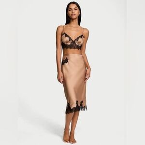NWT Victoria's SecretSatin Rose Lace-Trim Bralette & Midi Skirt Set